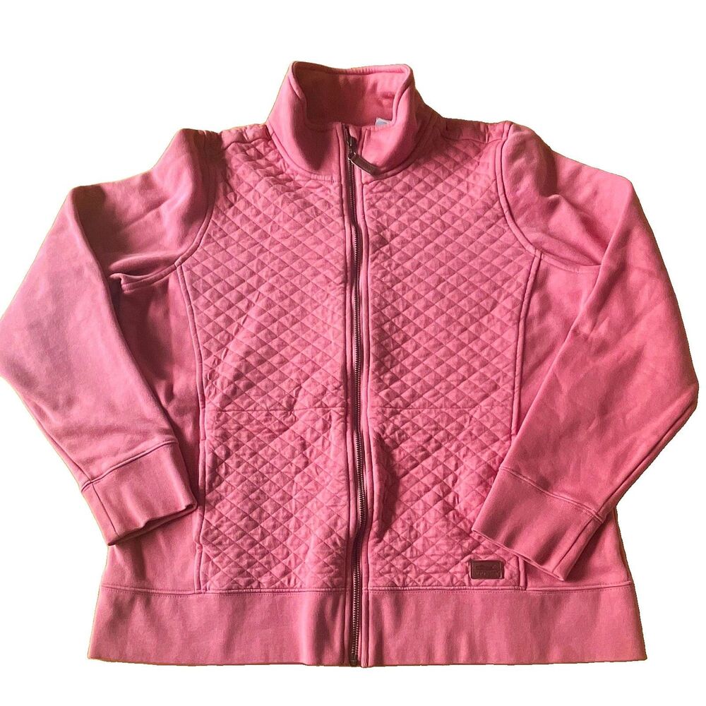 L.L.Bean Women's L Pink Solid Quilted Full Zip Fleece Sweatshirt mock Neck